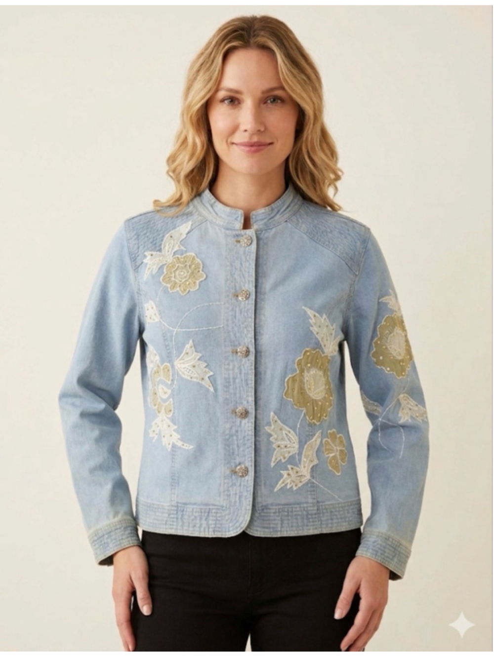 Christopher & Banks Jean Jacket M Light Blue Floral Embellished